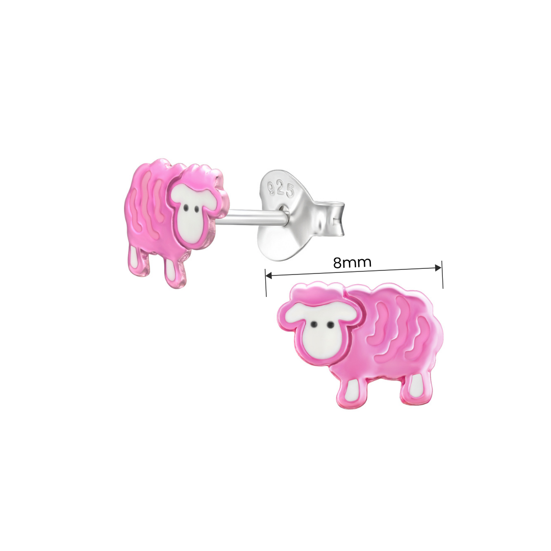 Sheep sterling silver children's ear studs shown with product measurements.