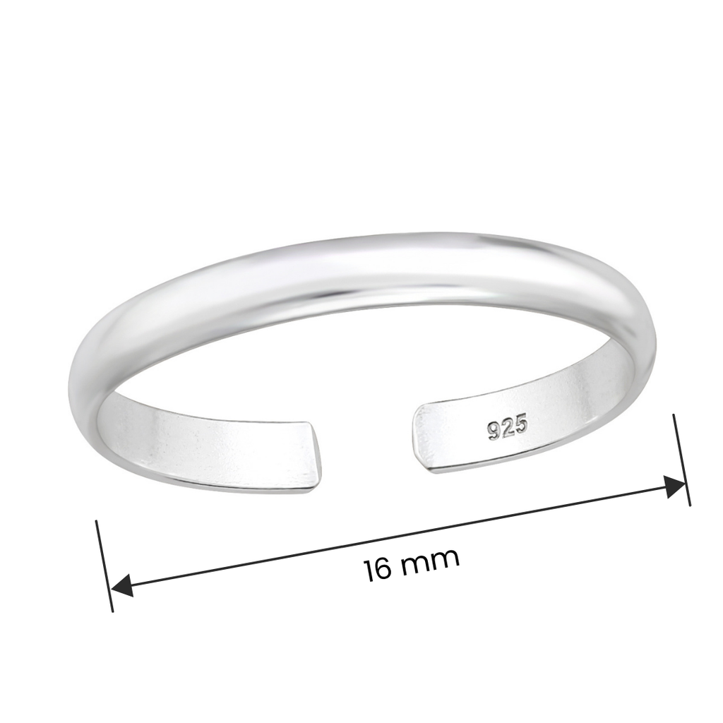 Plain adjustable sterling silver toe ring size and measurement guide
