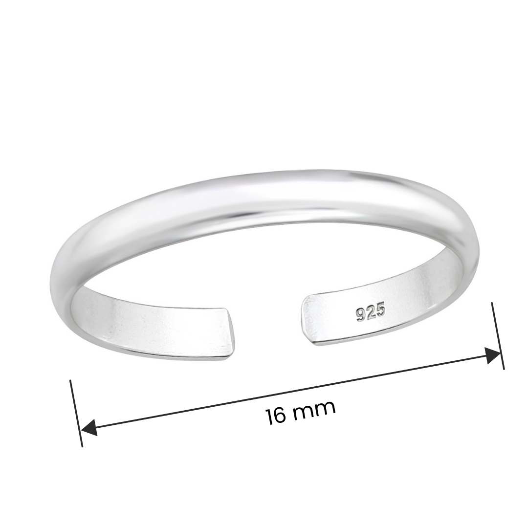 Plain adjustable sterling silver toe ring size and measurement guide