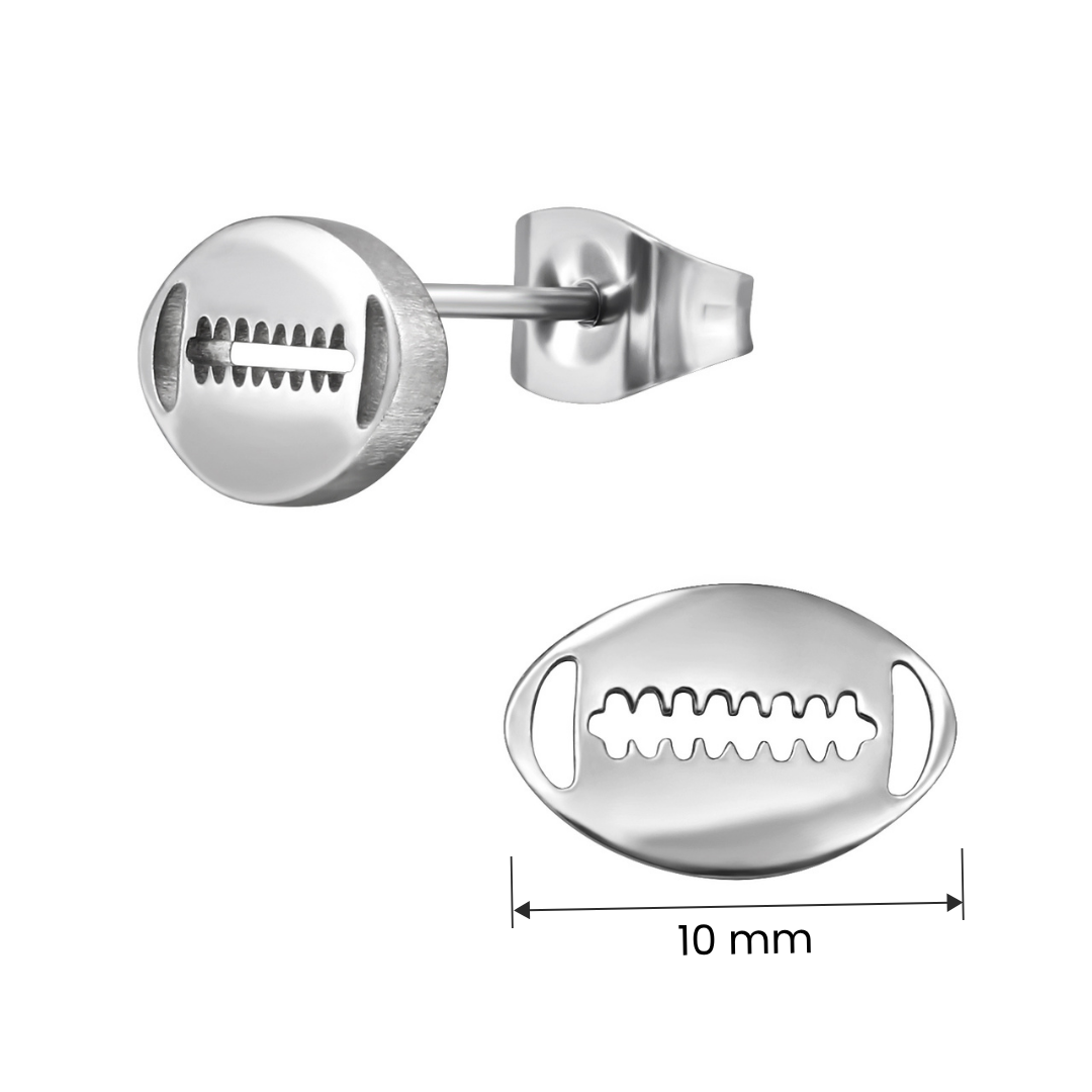 Rugby-ball stainless steel ear studs size and measurement guide