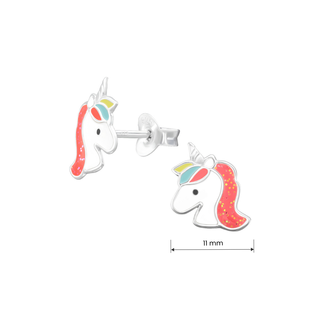 Unicorn sterling silver children's ear studs shown with product measurements.