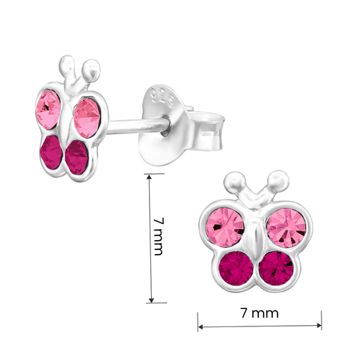 Butterfly sterling silver children’s ear studs with crystals size and measurement guide