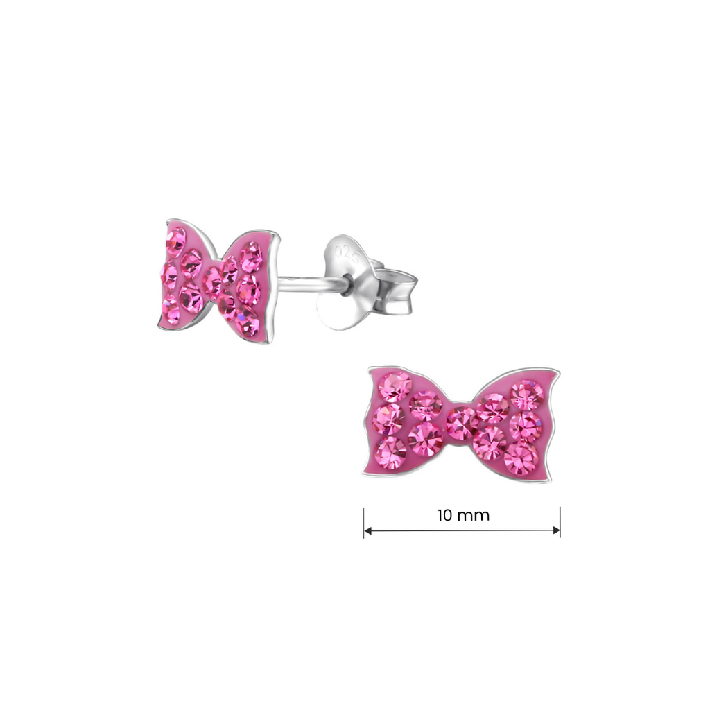 Ribbon crystal sterling silver children's ear studs shown with product measurements.