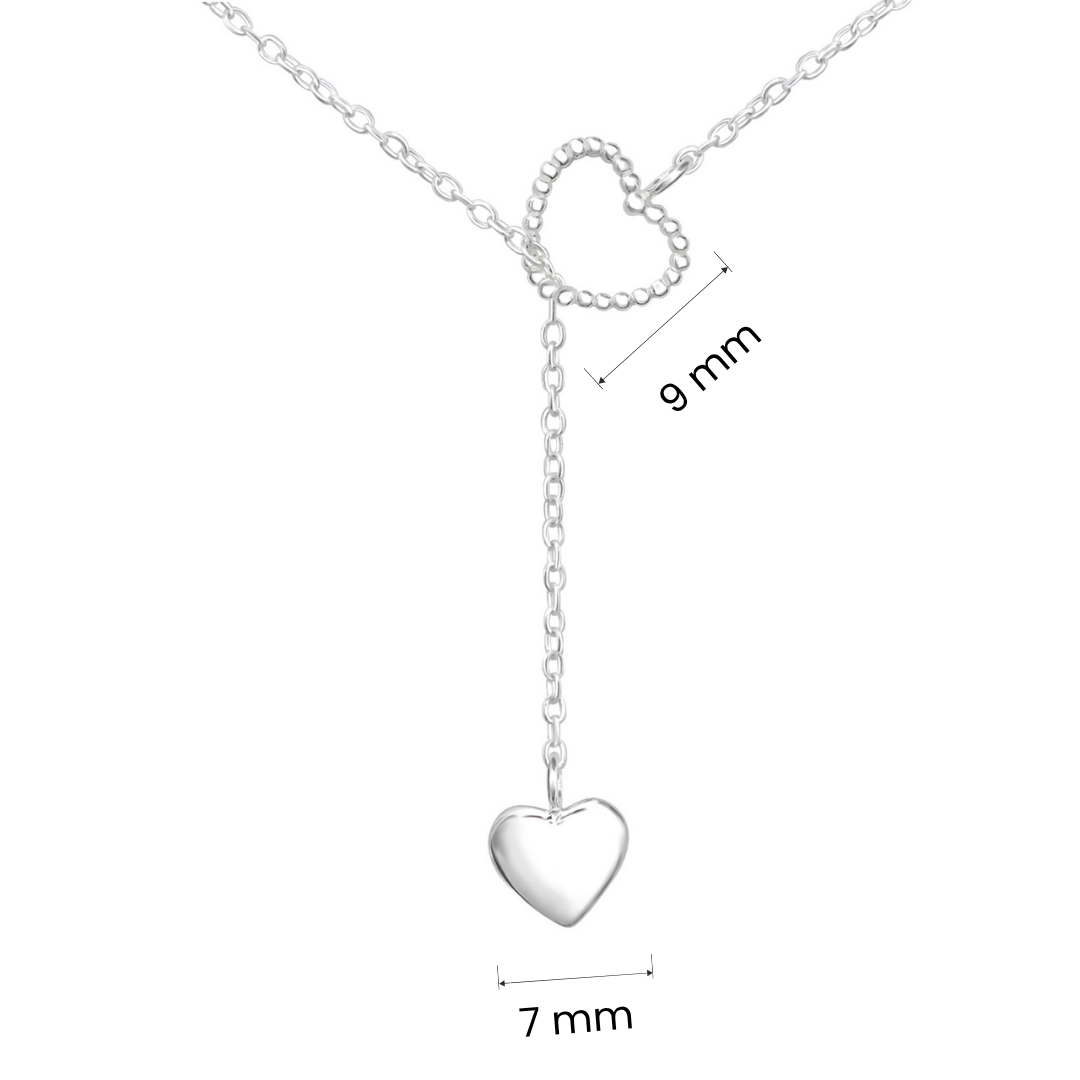 Double Heart sterling silver Y necklace size and measurement guide