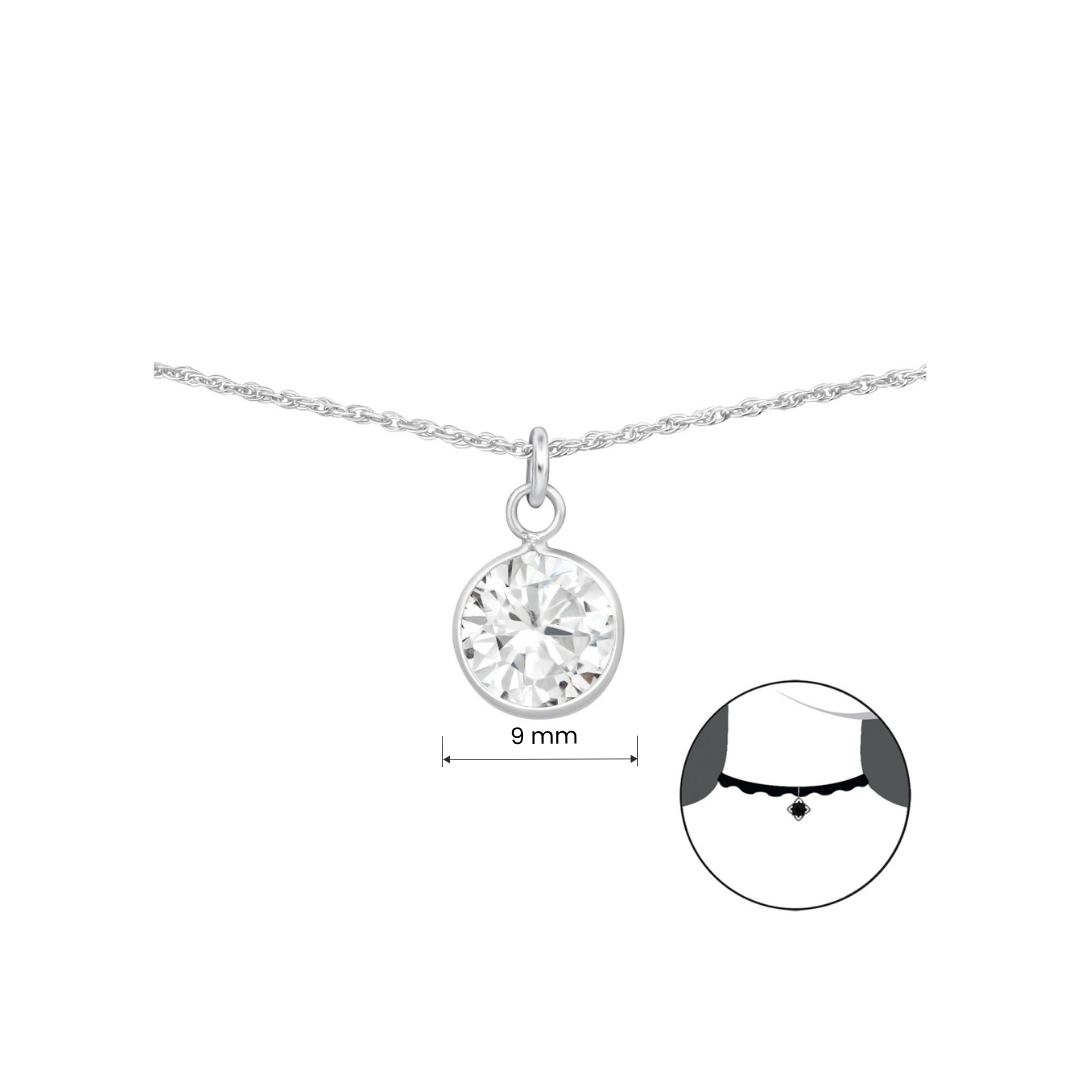 Round cubic zirconia sterling silver necklace shown with product measurements.