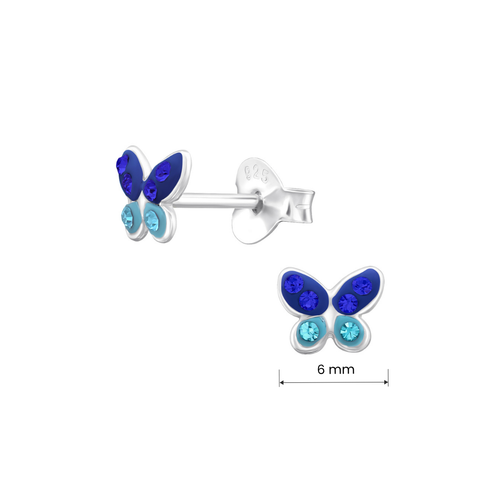 Butterfly crystal sterling silver children's ear studs shown with product measurements.