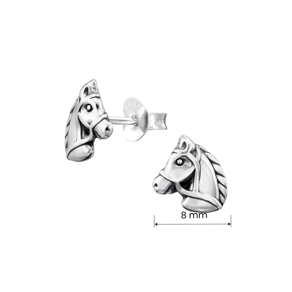 Horse oxidised sterling silver ear studs shown with product measurements.