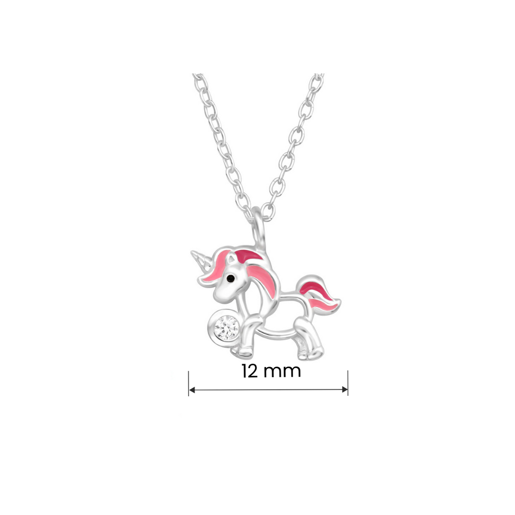 Unicorn cubic zirconia sterling silver children's necklace shown with product measurements.