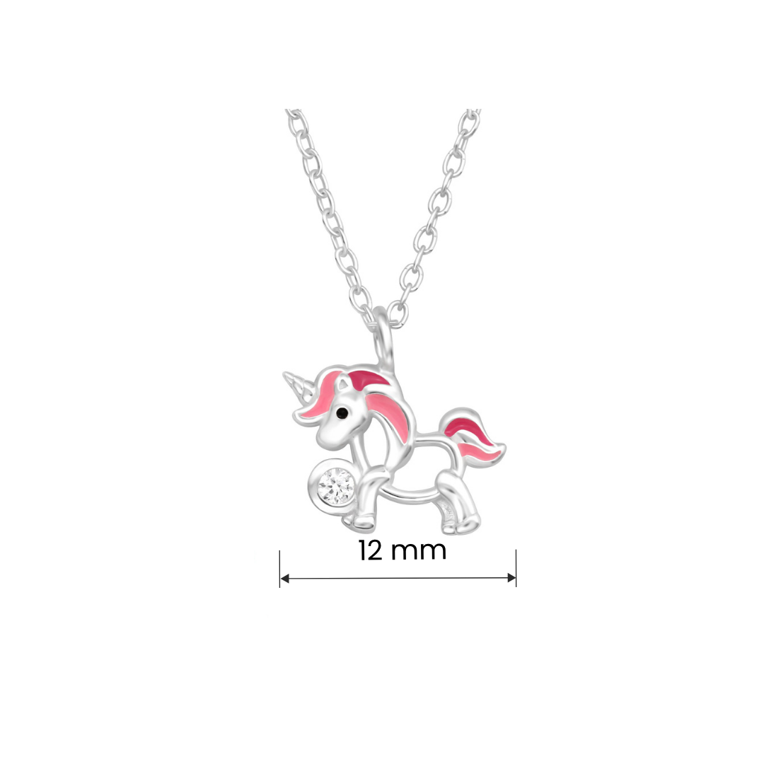 Unicorn cubic zirconia sterling silver children's necklace shown with product measurements.