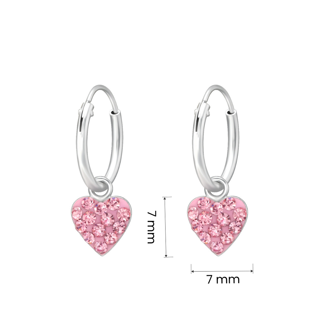 Heart crystal sterling silver children’s ear hoops size and measurement guide