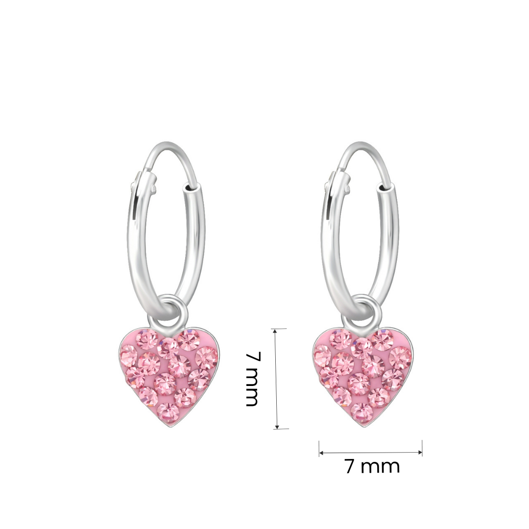 Heart crystal sterling silver children’s ear hoops size and measurement guide
