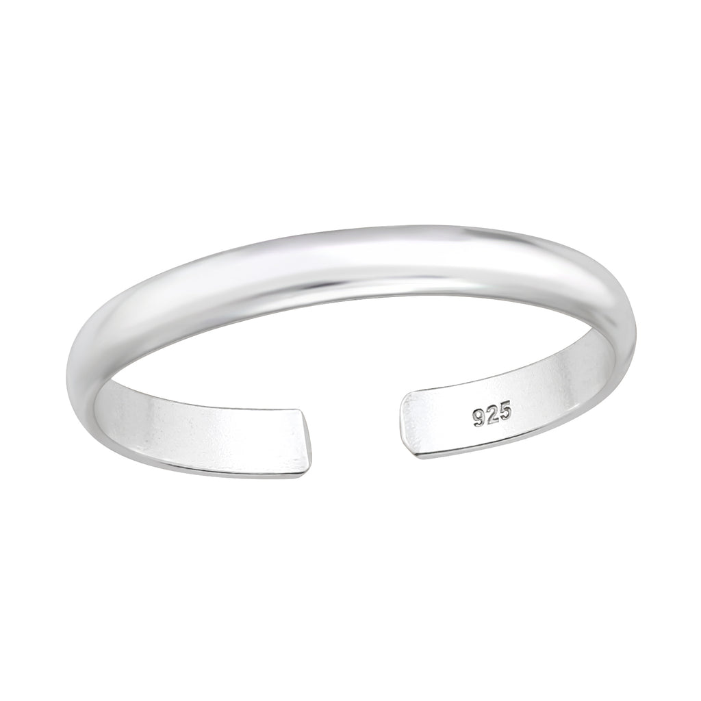 Plain adjustable sterling silver toe ring on a white background