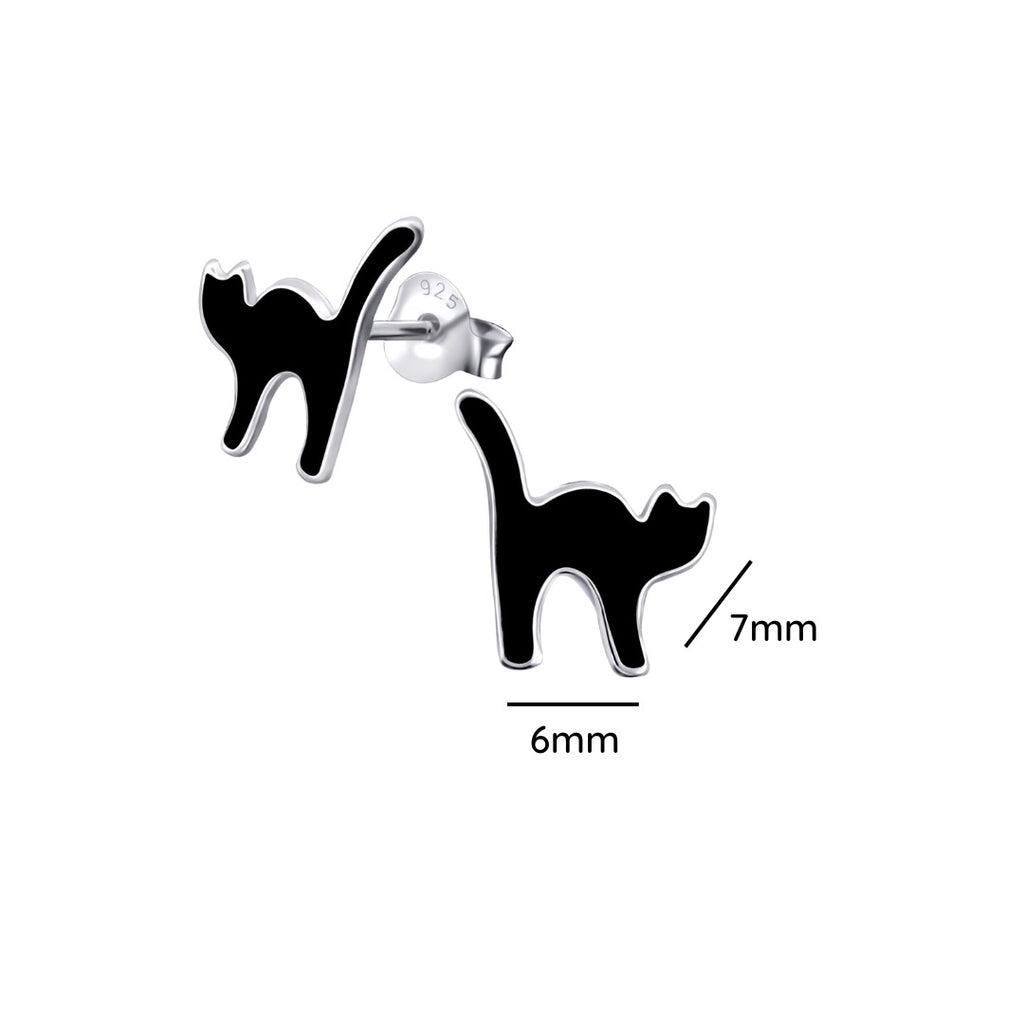 Cat sterling silver ear studs with epoxy shown with a size label on a white background