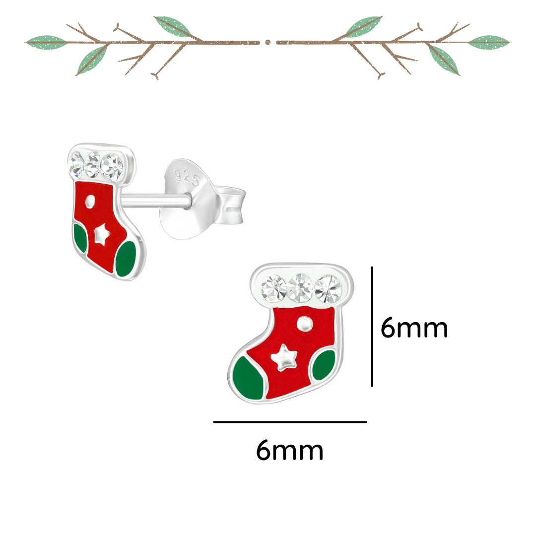 Christmas stocking sterling silver ear studs with crystal epoxy shown from an alternate angle
