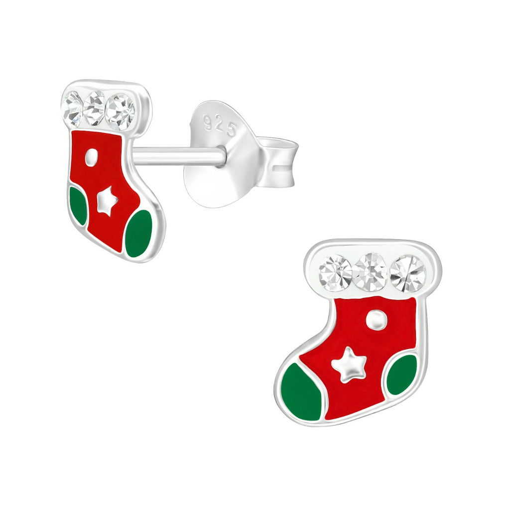 Christmas stocking sterling silver ear studs with crystal epoxy
