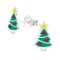 Christmas tree sterling silver ear studs with crystal and epoxy on a white background