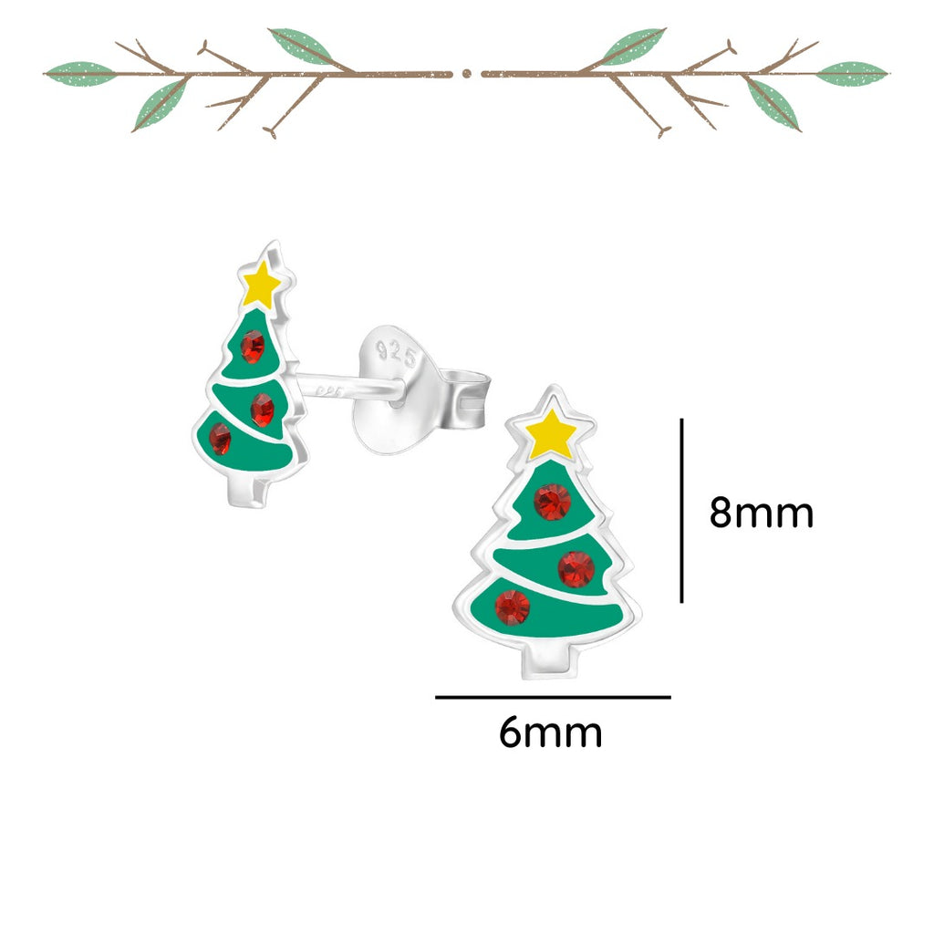 Christmas tree sterling silver ear studs with crystal and epoxy shown from an alternate angle