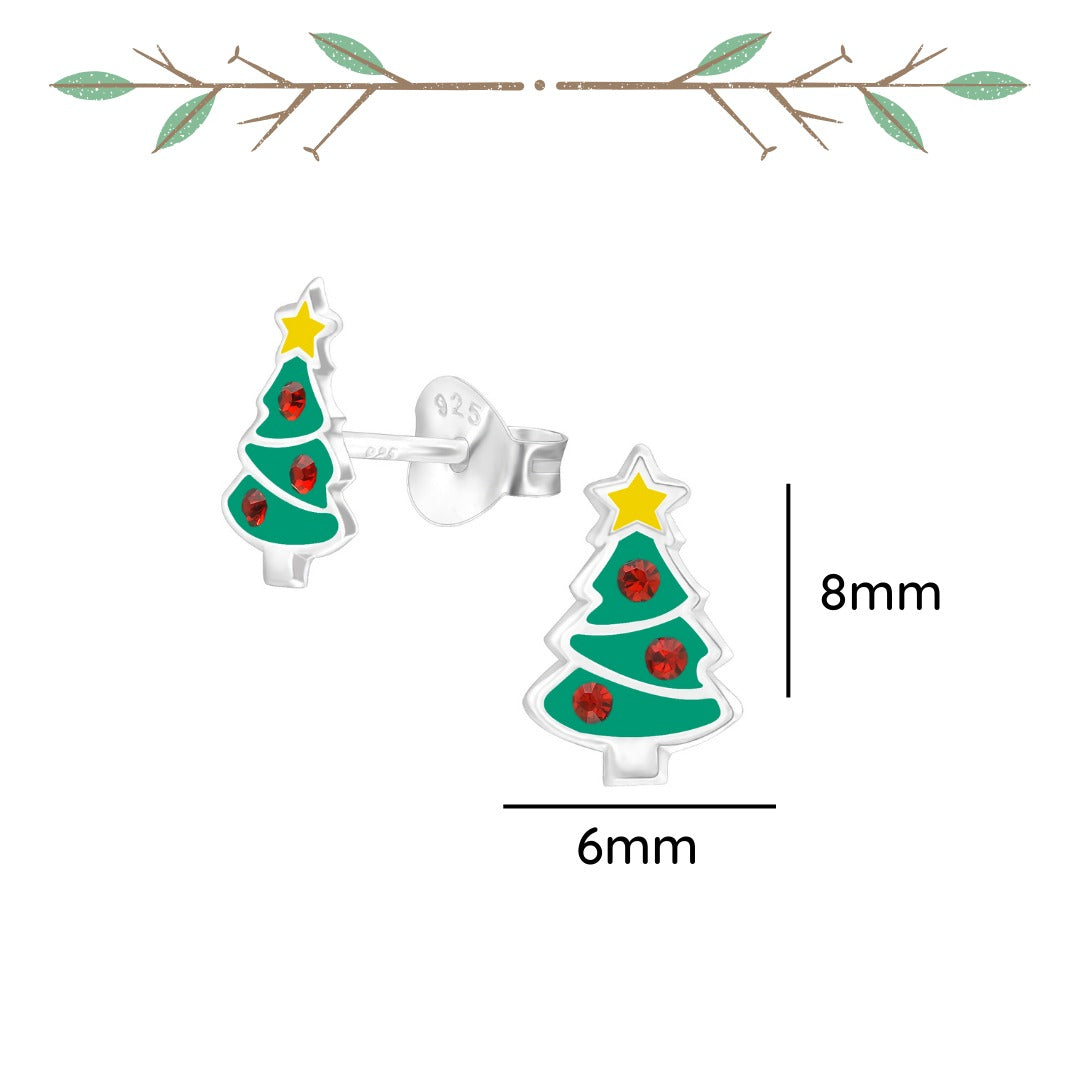 Christmas tree sterling silver ear studs with crystal and epoxy shown from an alternate angle